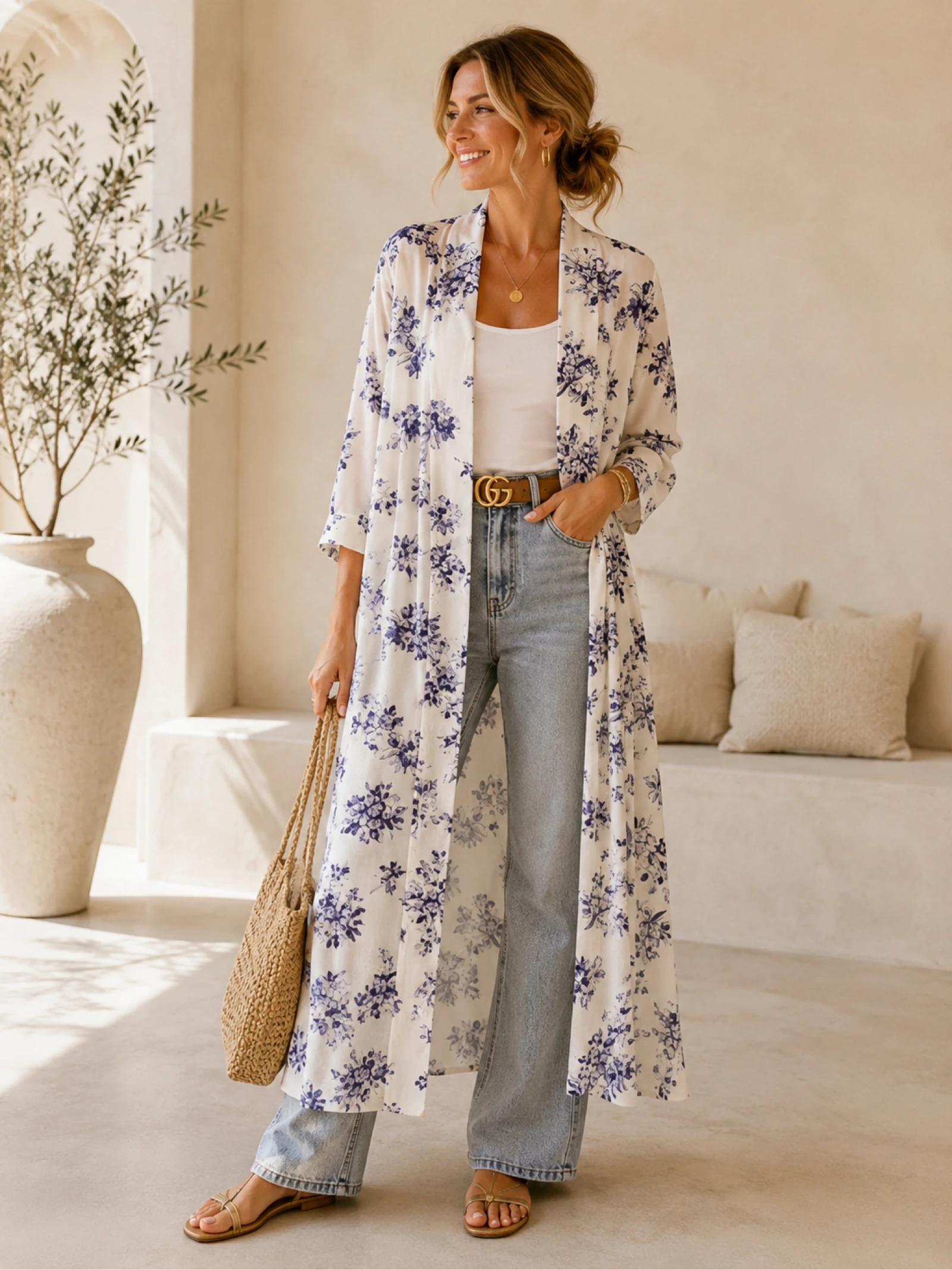 Les Jumelles maxi kimono bloemenprint 100% viscose off white lila